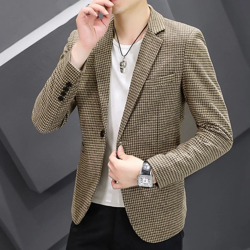 Men's Checkered Loose Suit Stylish Handsome Slim Fit Autumn Winter Wool Jacket Single Breasted Menswear