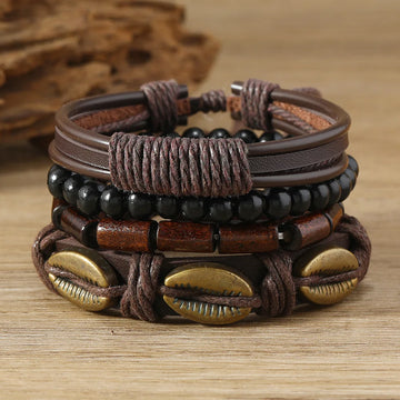 Retro Alloy Shell Multilayer Wood Beads Handmade Weaving Leather Bracelet Bohemian Men Bracelet Set Hip Hop Jewelry Accessories