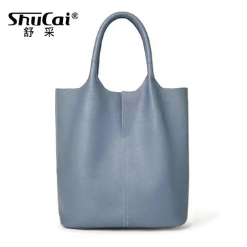Genuine Grade Leather Women Commuter Tote Bag Ladies Soft Cowhide Tote Shoulder Handbag Large Female Bucket Bag Luxury Designer