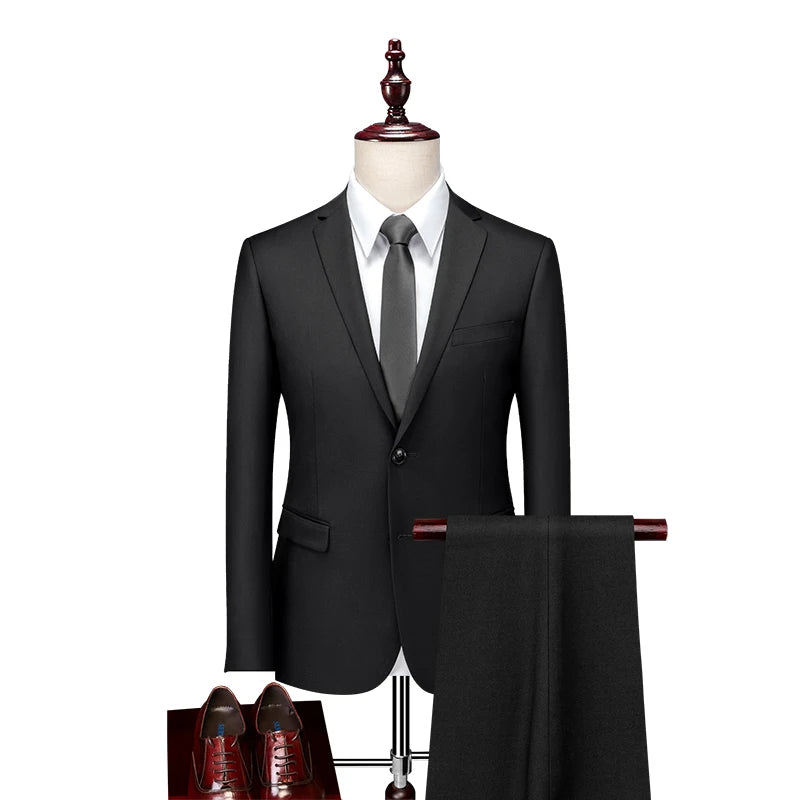 High-quality men's fashionable, stylish, versatile and trendy business casual solid color professional work suit set of two piec