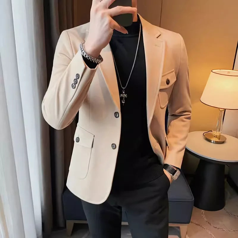 Men's High-Quality Tweed Suit Jacket 2024 Fashion Handsome Winter Thick Solid Color Business Casual Versatile
