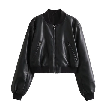 Autumn and Winter New Women's Fashion Versatile Short Motorcycle Faux Leather Pilot Jacket Coat Leather Coat