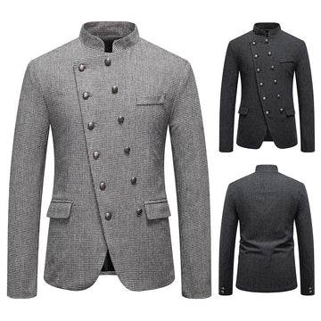 High-quality new men's fashionable business fitted suit with a stand-up collar and slanted front opening for performance