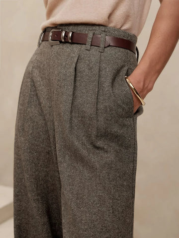 Spring Autumn New Elegant Italian Neapolitan Button Pleated High Waist Straight Leg Men's Suit Pants Lightweight Business Style