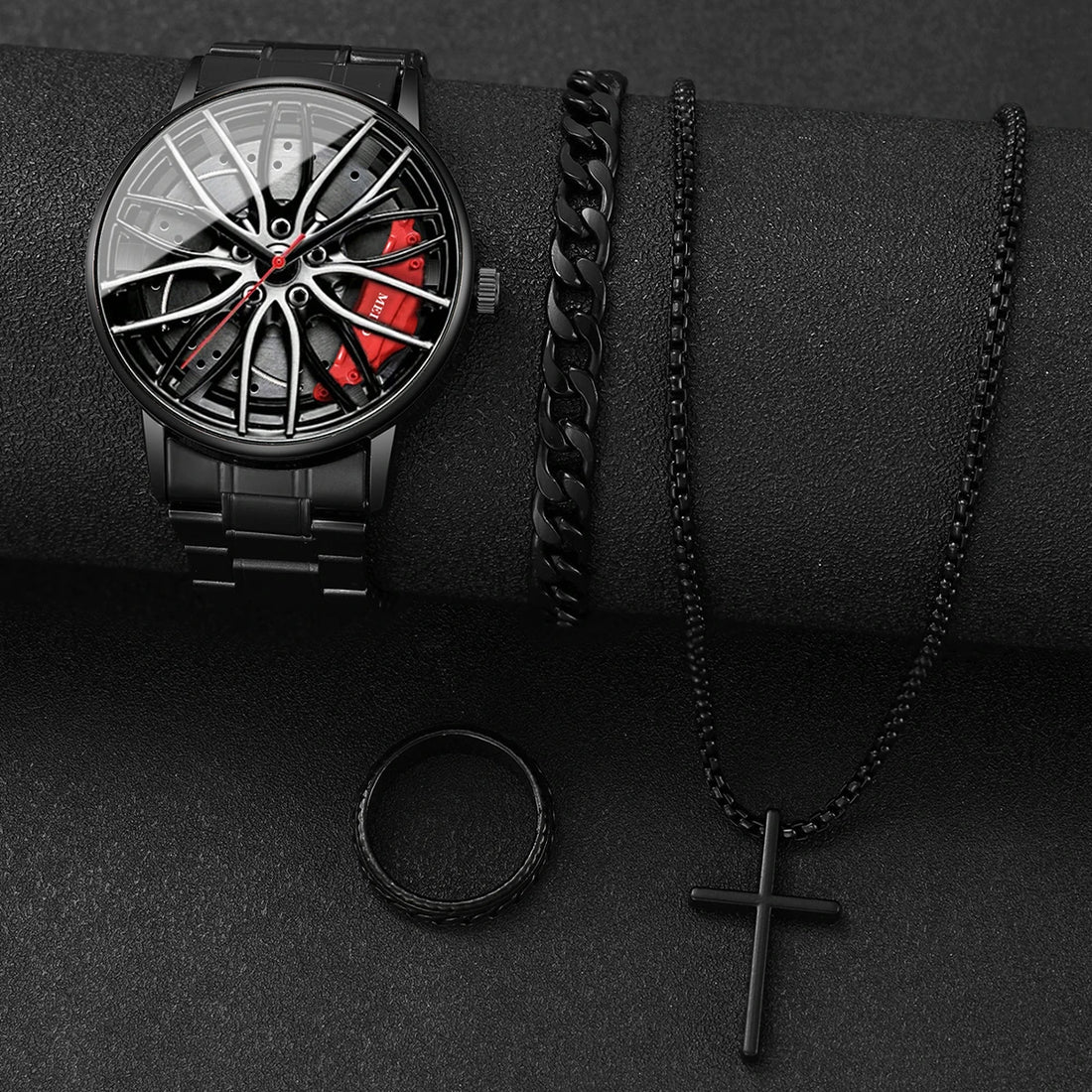 4PCS/Set Fashion 3D Car Wheel Dial Men Sports Watch Luxury Steel Band Quartz Wristwatches Jewelry Set Reloj Hombre（Without Box）