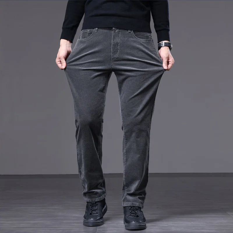 Autumn Winter Thick Black Corduroy Fabric Casual Pants Men Straight Slim Cargo Work Green Blue Grey Trousers Male