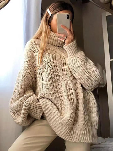 Autumn and winter women's lapel solid color Fried Dough Twists lantern sleeve loose lazy woolen pullover top