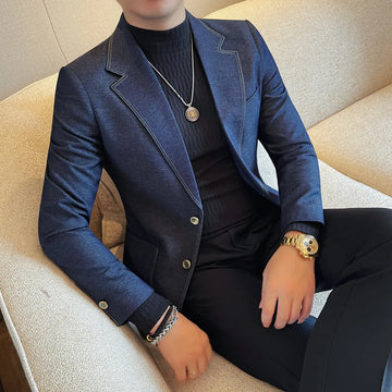High-quality, fashionable embroidered denim suit men's long-sleeved suit jacket, new business casual suit jacket