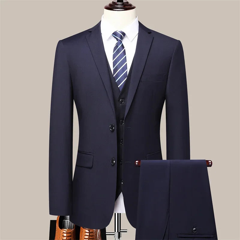 Men's High-Quality Solid Color Three-piece Suit Set - Fashion Casual Handsome Business Suit Vest And Trousers Ensemble