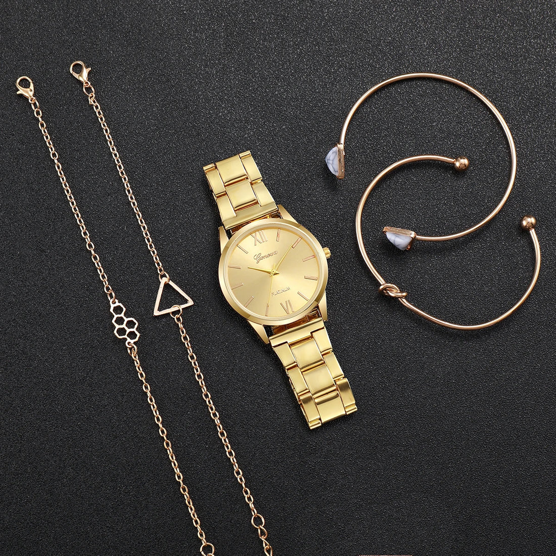 5PCS/Set Fashion Roma Dial Women's Watch Gold Steel Band Female Quartz Watches Bracelets Set