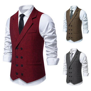 Autumn New Men's Herringbone Stitched Satin Inner Vest Business Casual Formal Suit Fake Pocket Vest Double Breasted Suit Vest