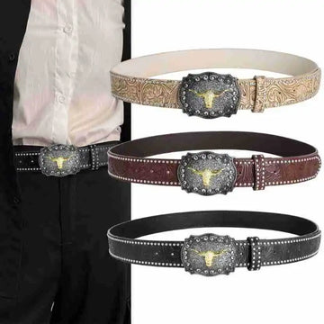 New Men's Western Cowboy Belt - Cool Handsome Black PU Belt Material Embossed Design and Stylish Alloy Buckle Women's Waist Belt
