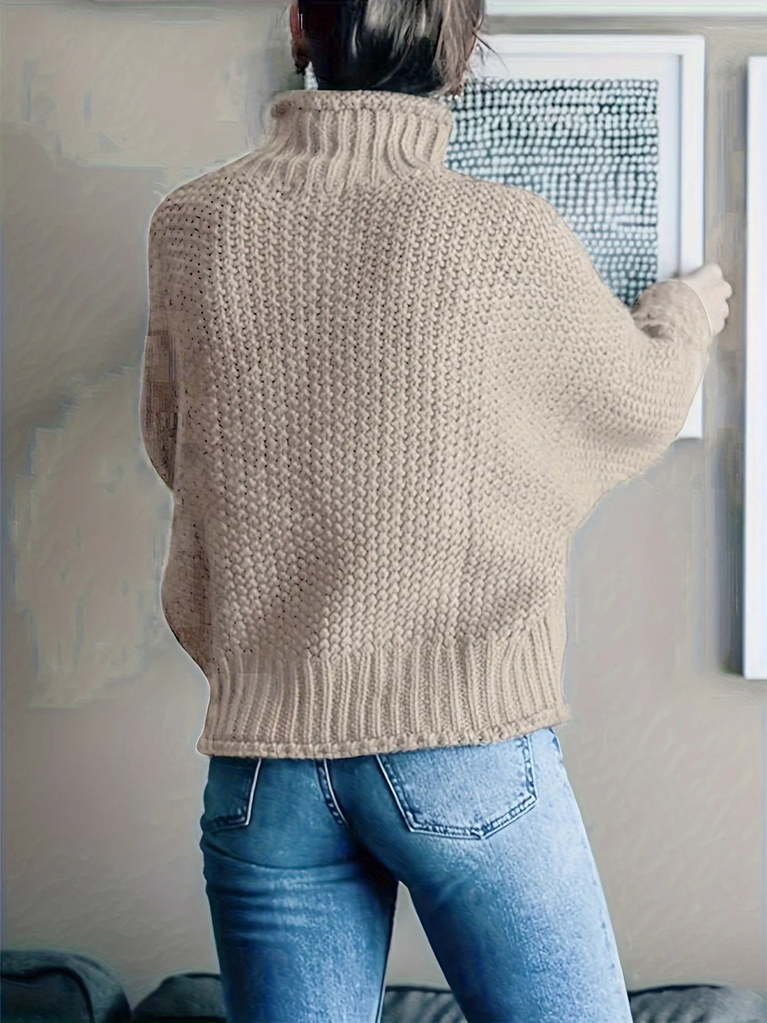 Autumn and winter women's solid color casual high neck pullover lantern sleeve woolen top