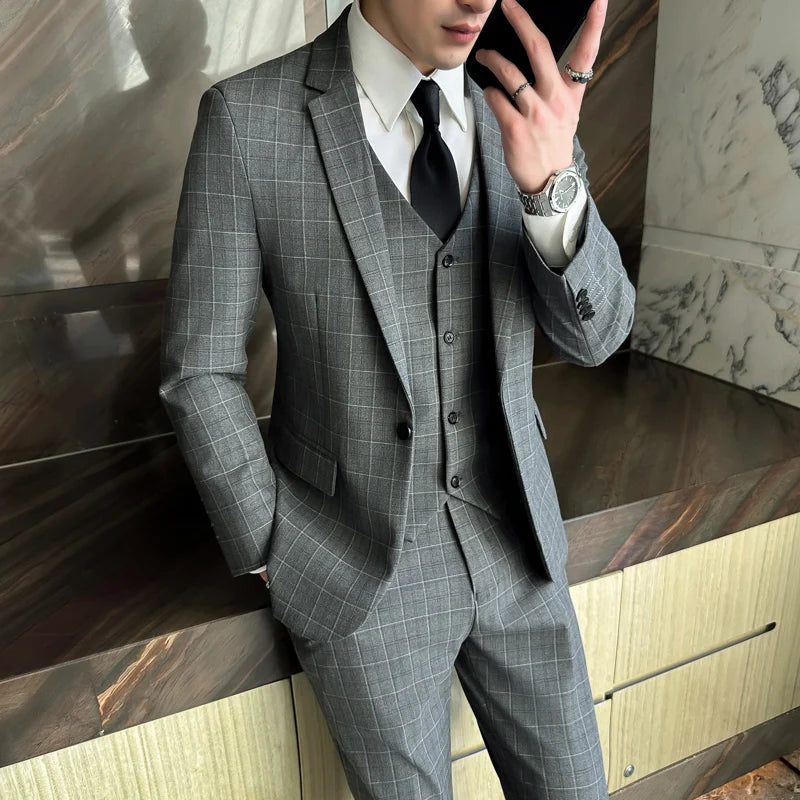 2024 Plaid Three-Piece Suit High-Quality Business Casual Wedding Fashionable Handsome Stylish Set-In Autumn Winter