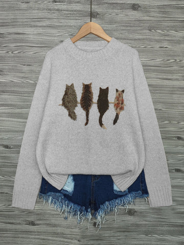 Round Neck Contrast Color Cat Print Loose Casual Woolen Pullover Top