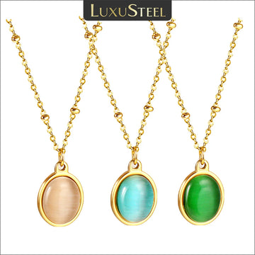 LUXUSTEEL Oval Green Blue Crystal Natural Stone Pendant Necklace For Women Gold Plated Stainless Steel Beads Rolo Chain Collar