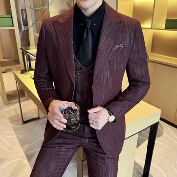 High-quality men's fashionable and stylish business casual suit, Korean-style slim-fit striped suit set of three pieces