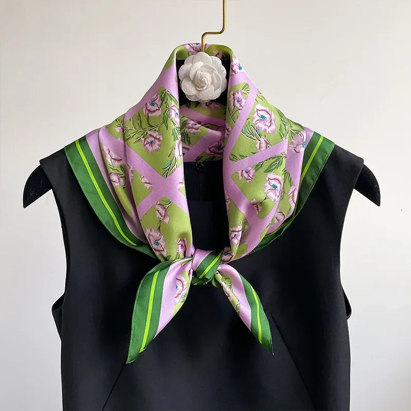 Lovely Purple Floral Print Silk Square Scarf  Women Soft Satin Hairband Hands Bag Ribbion Head Hijab Female Headband Kerchief