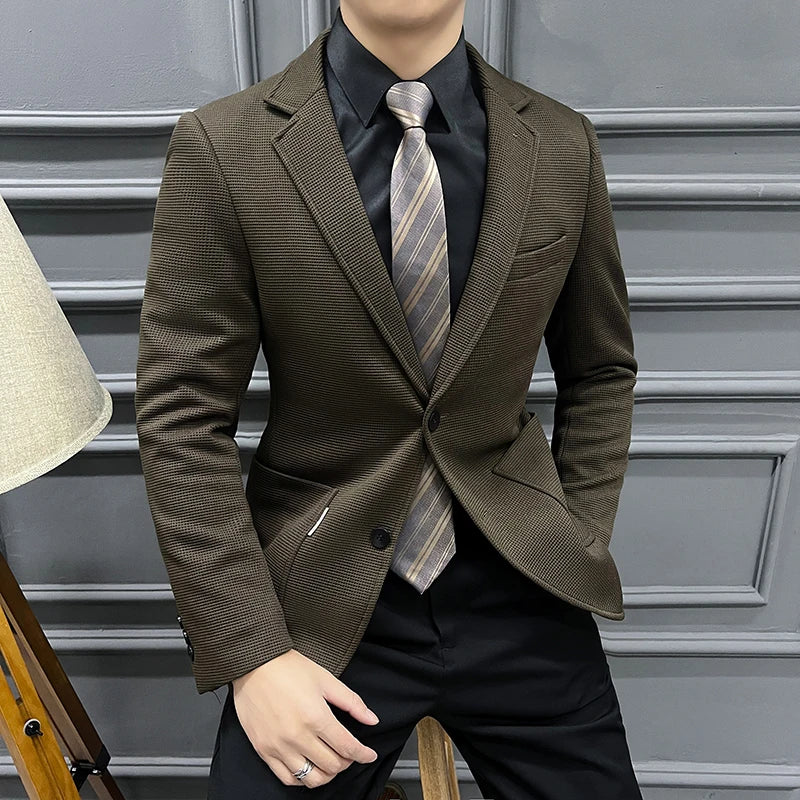 Men's Green Plaid Waffle Suit Senior Fashion Handsome Spring Autumn High Quality Trendy Coat for Business Casual