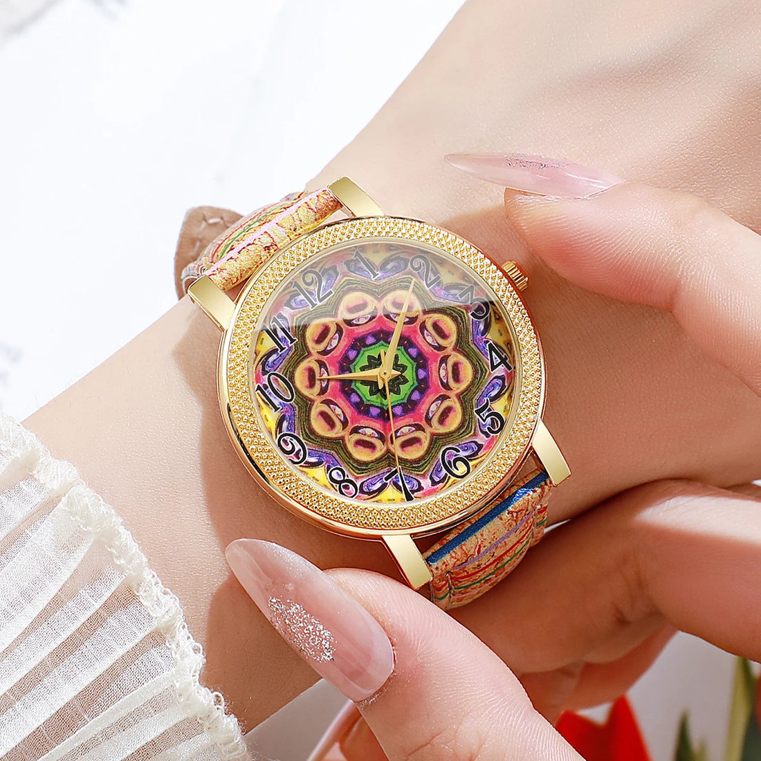 1/6/7PCS Vintage Printed Women Watches Fashion Leather Strap Ladies Quartz Wristwatch Reloj Mujer Girls Clock Gift (Without Box)