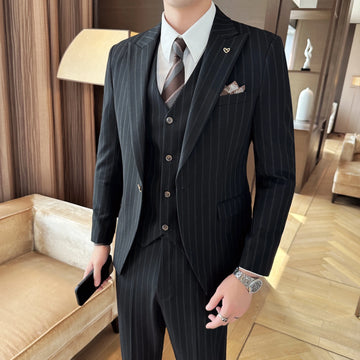 2025 Men's Slim Fit Three-Piece Striped Suit Korean-Style Wedding Business Casual Fashionable Versatile Cool