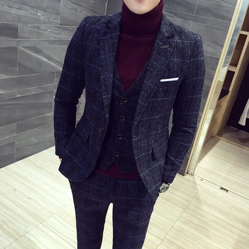 2025 High-quality men's wedding and banquet suit set, three-piece one-button business casual professional office formal wear