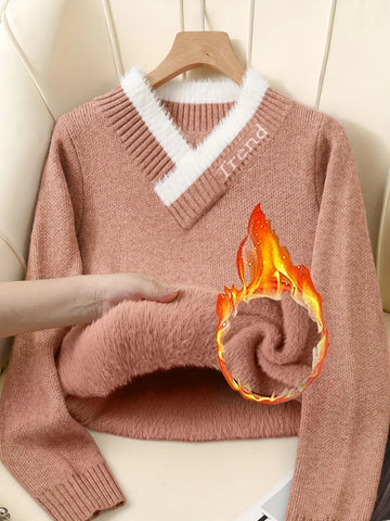 Autumn and winter women's V-neck contrasting splicing with thick velvet for warmth and versatile woolen pullover top