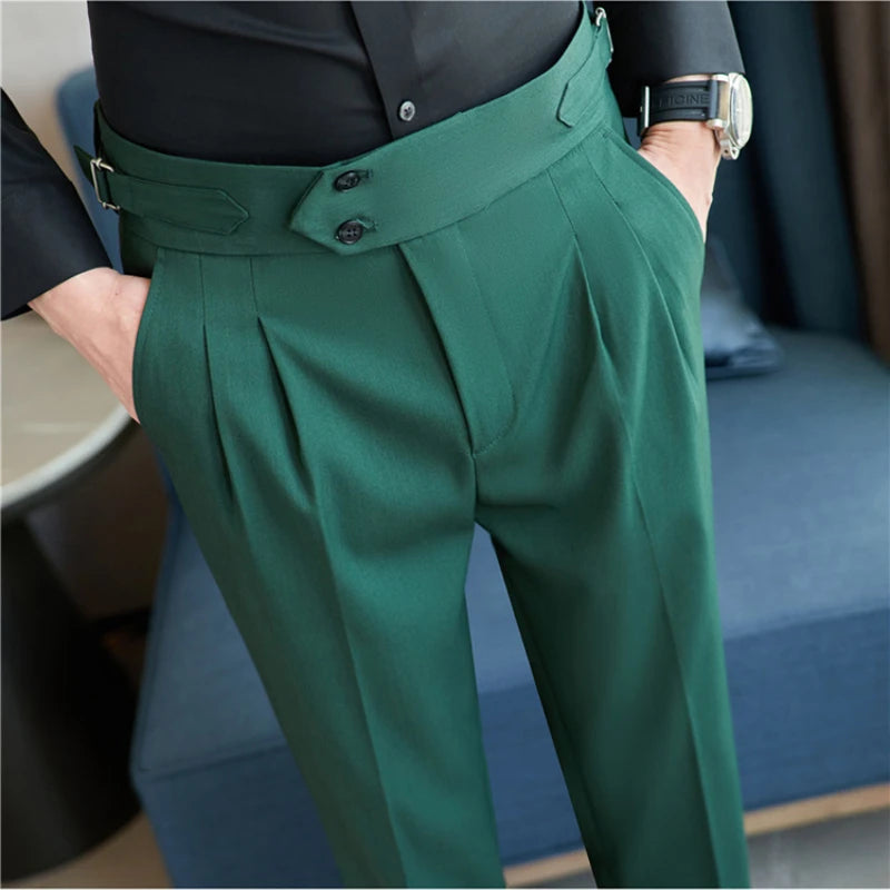 Men's Naples Trousers, Daily Casual Drape Sense High Waist Straight Tube Leisure Pants.Retro Green Formal Suit Pants.29-36