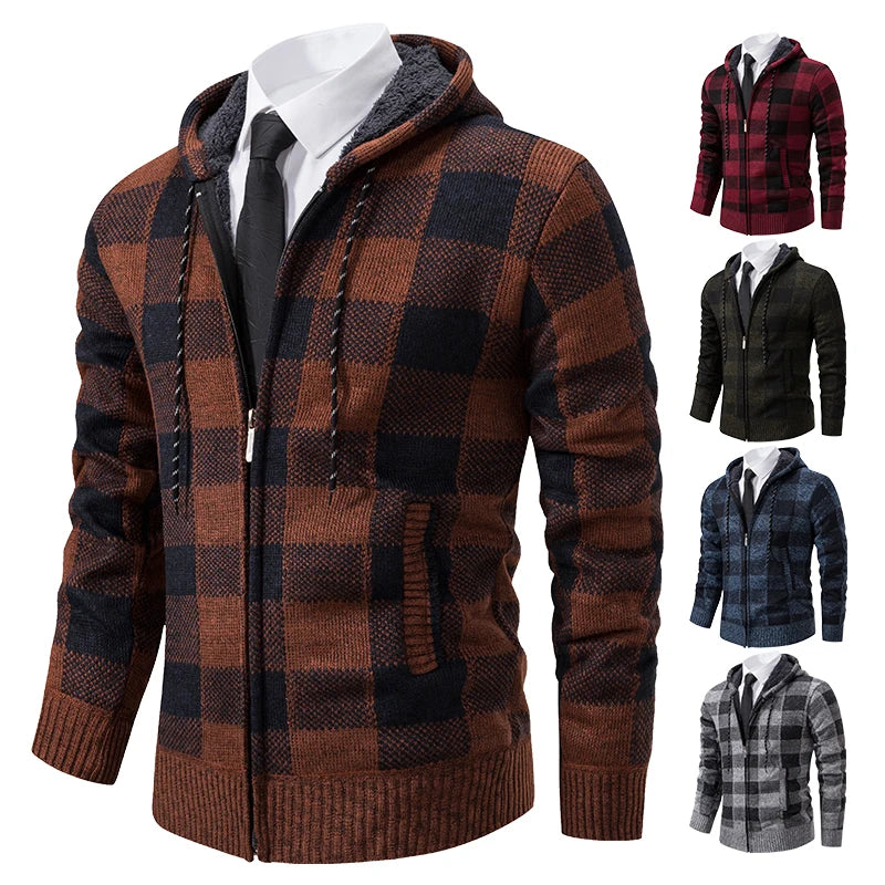 New Fashion Sweaters Men's Cardigan Autumn Winter Fleece Knit Jumpers Male Sweater Hooded Plaid Korean Luxury Brand Coat