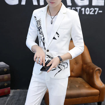 2024 Autumn Fashion Slim Fit Korean White Suit Two-Piece Set Casual Handsome Ruffian Style Suit plus Trousers