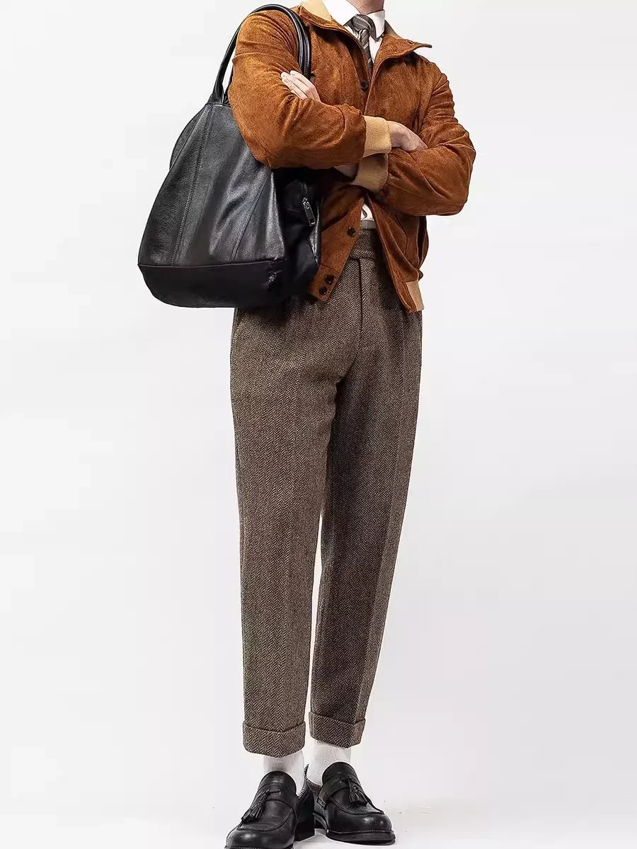 2025 Autumn Winter Men Retro Fashion Pockets Wool Pant Men's Long Woolen Straight Trousers Male Loose Thick Warm Pants F327