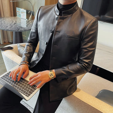 High-quality new Chinese-style black stand-up collar leather jacket, fashionable coat, men's suit, casual business suit