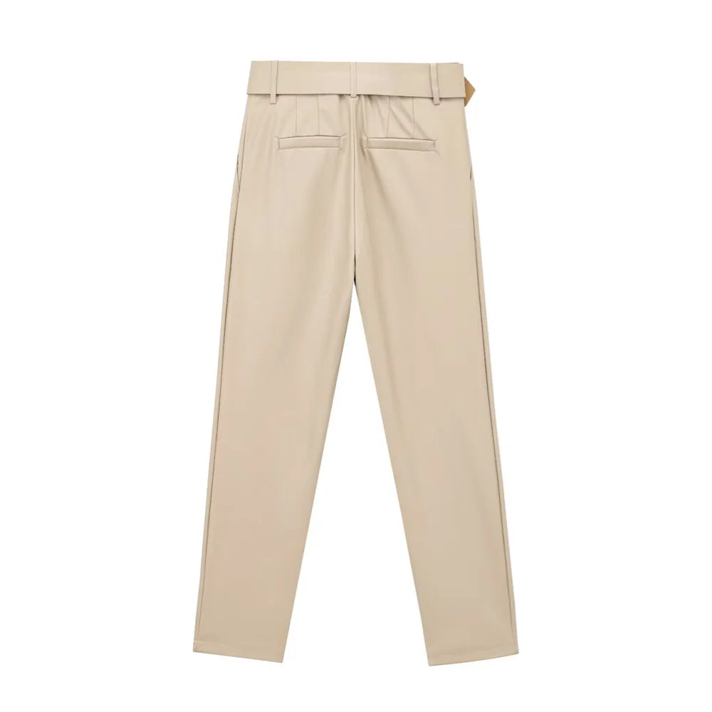 women's leather pants with high waist and waist belt straight leg pants for spring and summer casual women's wear