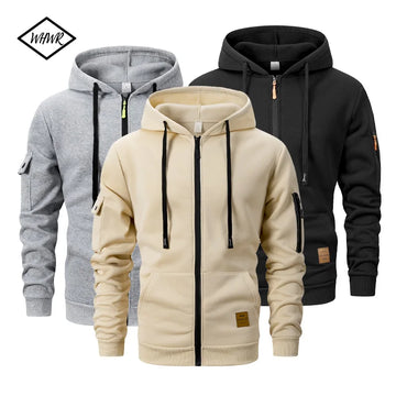 Men's Casual Zipper Hoodie With Kangaroo Pocket Solid Color Long Sleeve Autumn Winter Sports Casual Running Jackets S-XXL