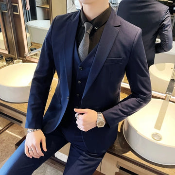 Classic Solid Color Three-Piece Set Wedding Suit - Four Seasons Fashion Business Casual Handsome Suit Vest Trousers Combo