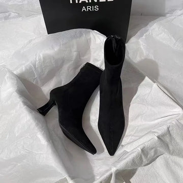Women's high-heeled ankle boots for autumn and winter, versatile, French style, elastic, suede, pointed toe, fashion boots.2025