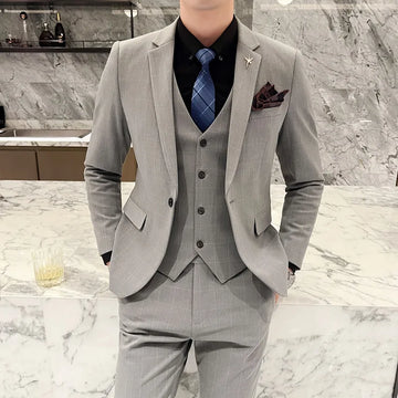 Classic British Style Men's Three-Piece Plaid Suit Set - Fashionable Handsome Business Casual Suit Vest Trousers for Wedding