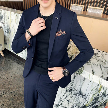 Men's Slim Fit Solid Color Wedding Business Set Autumn Winter High-End Quality Two-Piece Outfit British Style Casual Trouse