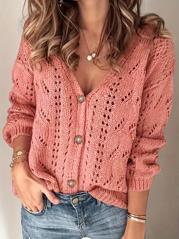 Hollow Solid Knit Cardigan  Casual Button Front Long Sleeve Sweater  Women's Clothing