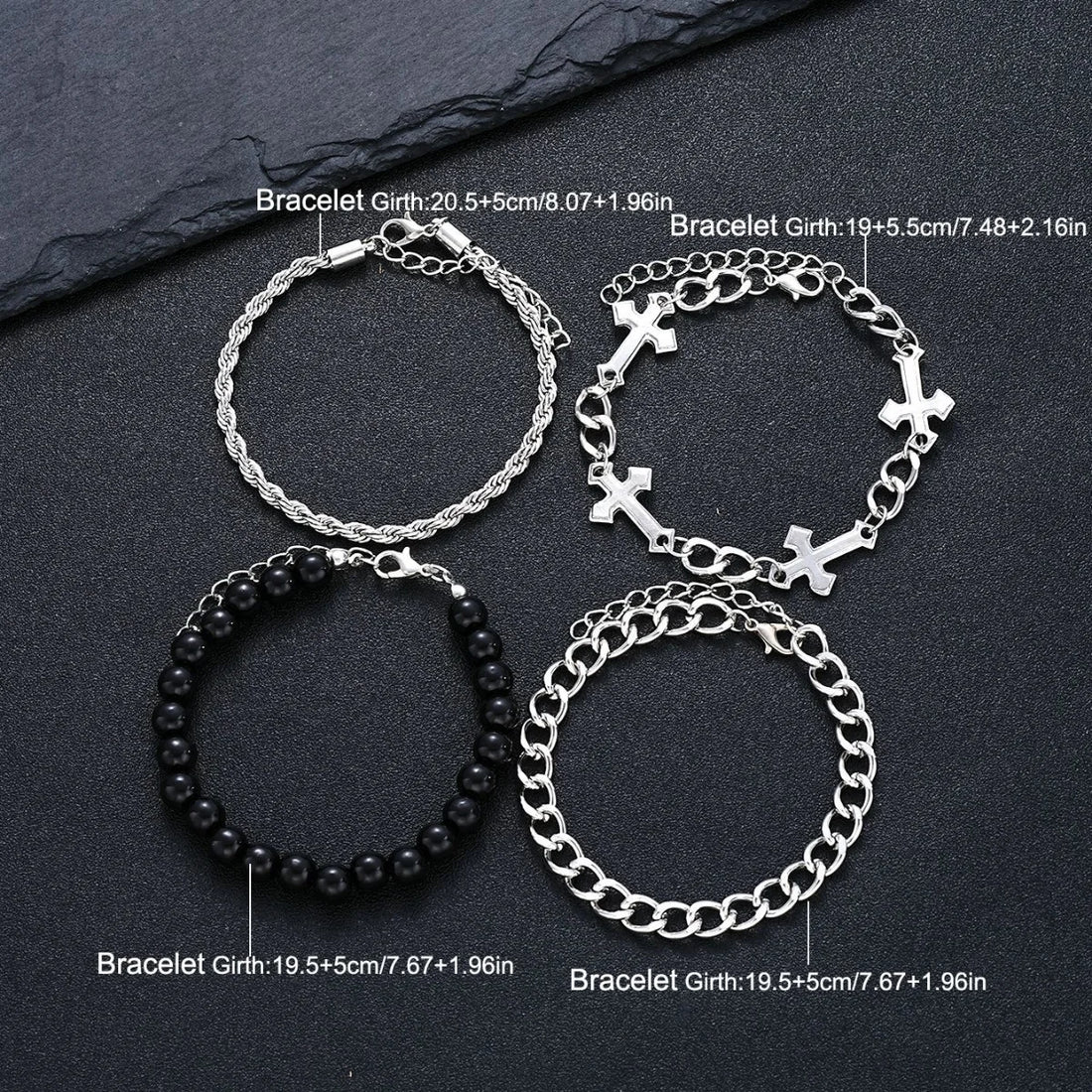 Retro Stainless Steel Cross Balck Beads Multi-layer Bracelet Hip Hop Silver Color Men Bracelet INS Jewelry Trendy Accessories