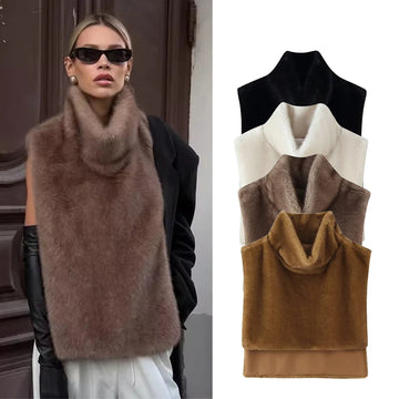 Women's Faux Fur Vest Crop Top Women Fashion Turtleneck Fluffy Short Tank Tops 2025 Winter Female Elegant Sleeveless Jacket Coat