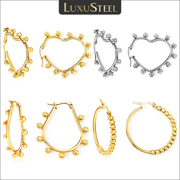 LUXUSTEEL Statement Stainless Steel Ball Beads Hoop Earrrings for Women Girls Heart Oval Round Shape Metal Texture Ear Jewelry