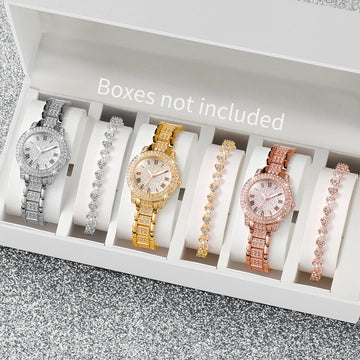 6PCS/Set  Fashion Full Diamond Women's Quartz Watch Steel Band Analog Watches Rhinestone Heart Bracelets（Without Box）