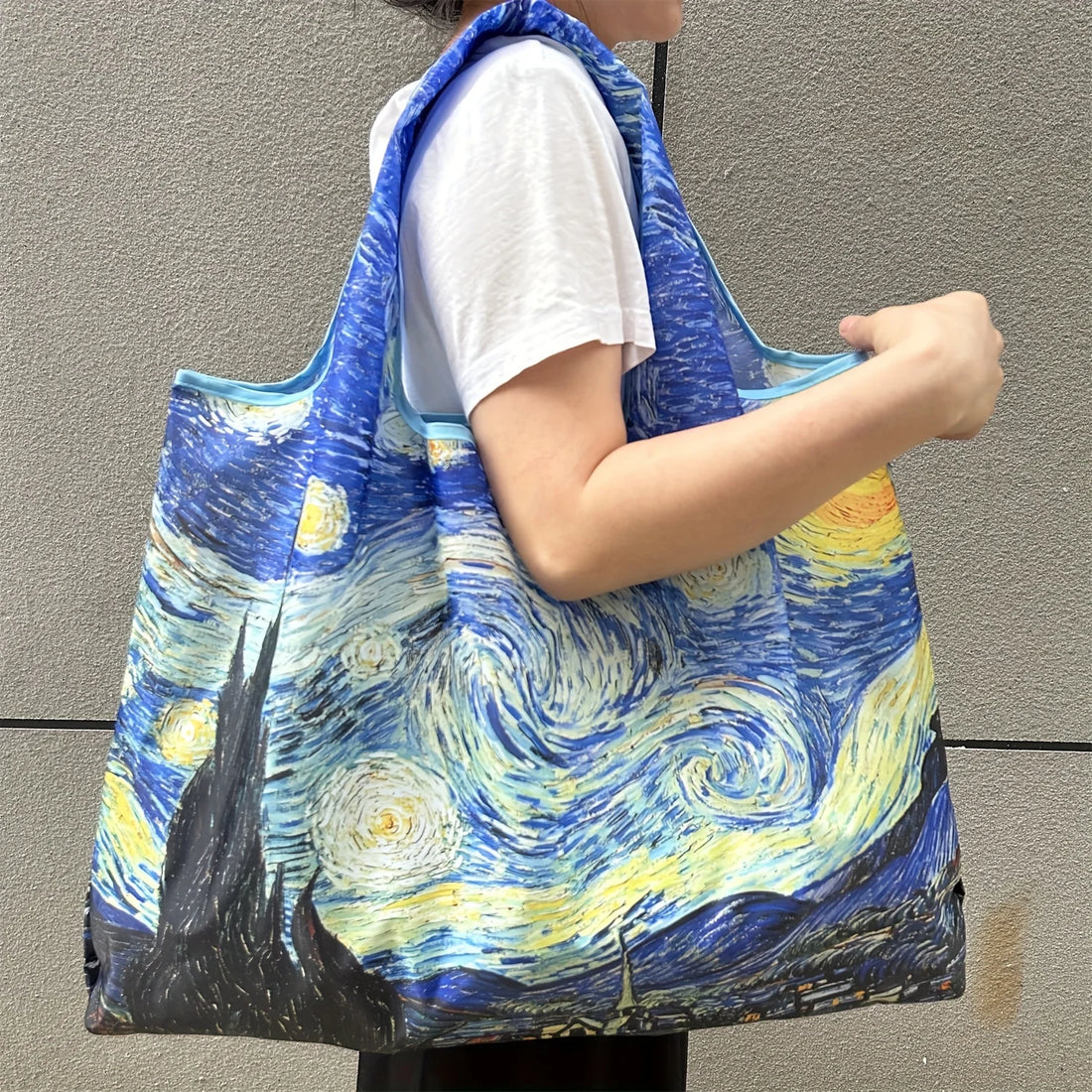 Large-capacity portable shopping bag, lightweight and foldable, oil painting style shopping bag, shoulder bag, large tote bag