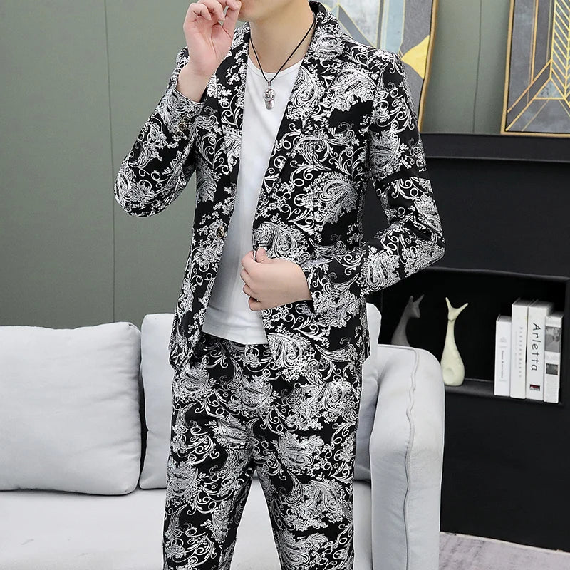 Men's Slim Fit Casual Suit Korean Fashion Trend Bronze Color Two-Piece Set Youth Jacket And Trousers Ensemble