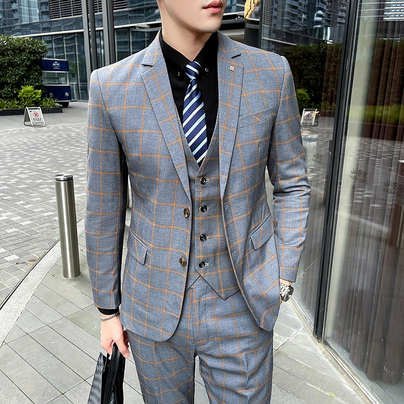 Men's 3-Piece Suit Set Stylish Handsome English Plaid All-fit Jacket Waistcoat Trousers M-5XL 2025 Trendy Men's Formal Wear