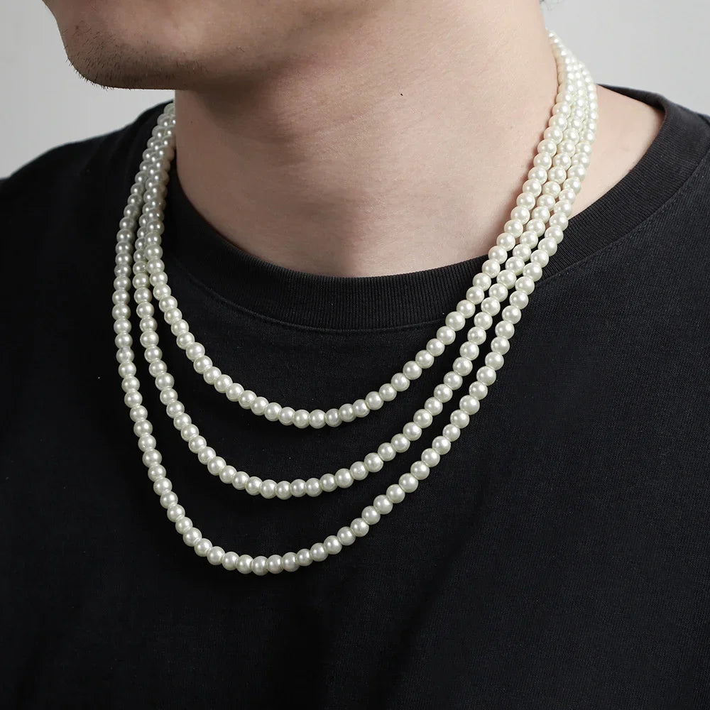 6MM French Retro Men's Pearl Chain Necklace Fashion Jewelry Accessories