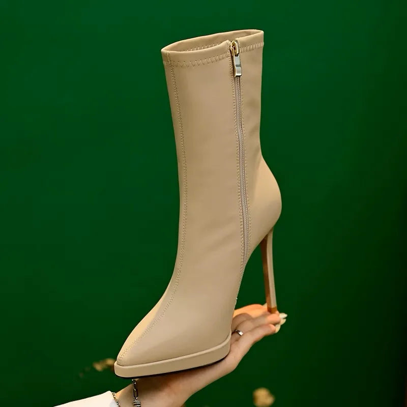 2024 New Womens High-heeled Mid Calf Boots with Side Zipper Pointed Toe Thin Heel Anti Slip Waterproof Winter PU Fashion Boots