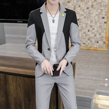 Autumn  Men's Fashion Slim Fit Suit And Trousers Set Korean Style Handsome Matching Color Trendy Hairstylist Two-Piece Outfit