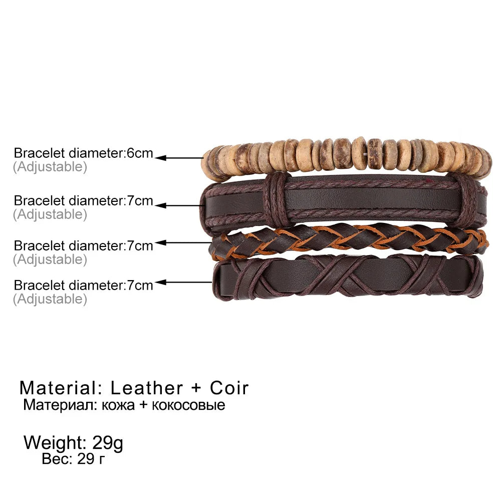 Retro Hand-woven Wood Beads Multi-layer Bracelets Hip Hop Leather Coconut Shell Men Bracelets Fashion Jewelry Trendy Accessories